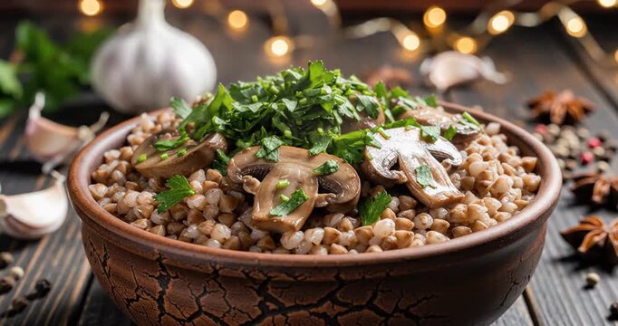 Delicious bowl of buckwheat topped with saut?ed mushrooms and fresh herbs on a rustic wooden table