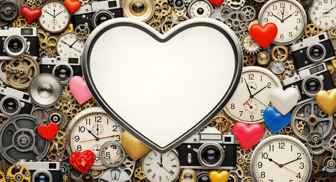 A heart shaped frame surrounded by clocks and cameras