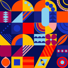 Obraz premium 2027 New Year design with abstract geometric pattern. Vintage, retro decorative shapes, bright colors element, tiles on grid. Holiday typography. Vector illustration on blue background, backdrop