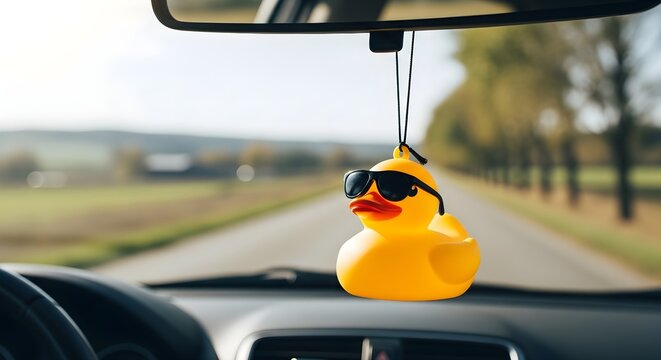 Rubber Duck Wearing Sunglasses Hanging From Car Rearview Mirror on a Sunny Day
