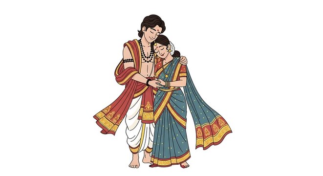 artistic cartoon couple inspired by classical Indian sculpture, seated in an elegant intimate pose, graceful body lines, romantic expression, traditional ornaments, warm earthy tones, tasteful 