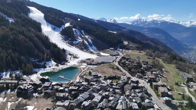 Aerial view of le Praz village in Courchevel ski resort by spring, French alps
