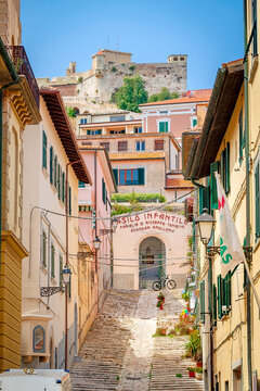 Stairway street in the old town of Portoferraio on Elba Island in the Mediterranean Sea, Tuscany, Italy
