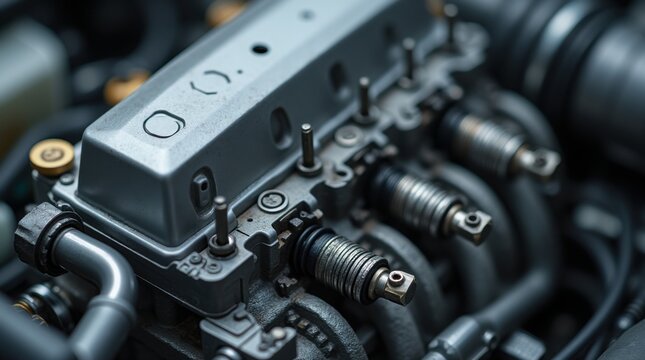 Detailed close-up view of a modern internal combustion engine's complex mechanical components 
