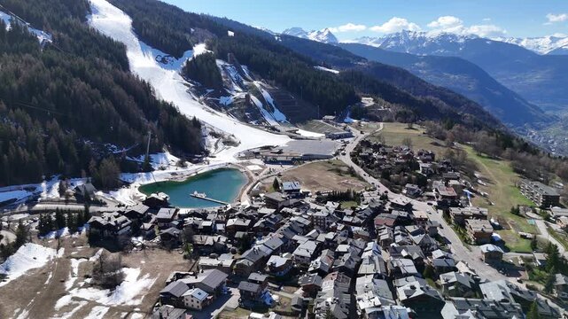 Aerial view of le Praz village in Courchevel ski resort by spring, French alps