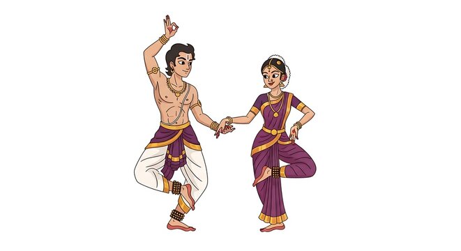 artistic cartoon couple inspired by classical Indian sculpture, seated in an elegant intimate pose, graceful body lines, romantic expression, traditional ornaments, warm earthy tones, tasteful 