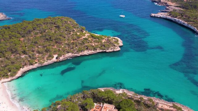 S'Amarador and Cala Mondrago Aerial View, Mondrago National Park Mallorca Spain, Three Bays and Two Beaches with Turquoise Water and Pine Forest, Balearic Islands Protected Nature Reserve 4K Video