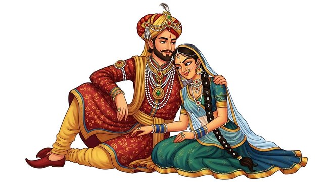 artistic cartoon couple inspired by classical Indian sculpture, seated in an elegant intimate pose, graceful body lines, romantic expression, traditional ornaments, warm earthy tones, tasteful 