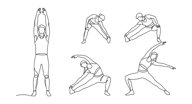 Line art illustration of people performing various stretching exercises