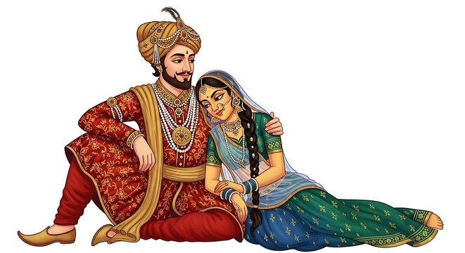 artistic cartoon couple inspired by classical Indian sculpture, seated in an elegant intimate pose, graceful body lines, romantic expression, traditional ornaments, warm earthy tones, tasteful 