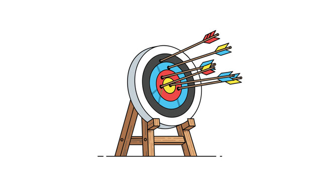 The wooden tripod stand supports a circular archery target with multiple colorful arrows embedded in the center against a clean and bright white background.