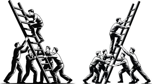 Teamwork illustration: people holding ladders to help others climb upwards with teamwork climbing collaboration business assistance reaching illustration