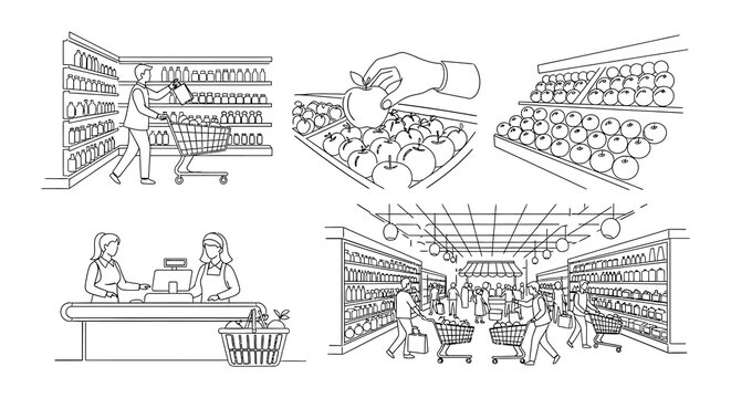 Line drawing depicting a busy grocery store with shoppers and produce