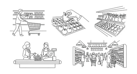 Obraz premium Line drawing depicting a busy grocery store with shoppers and produce