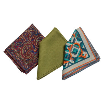 Three folded pocket squares with patterns