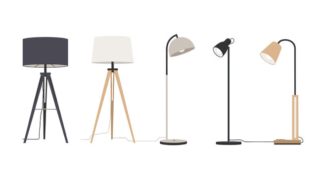Five elegant floor lamps featuring tripod wooden bases and sleek modern metal stands are arranged horizontally against a pristine white studio background.
