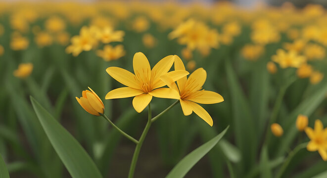 Close up of vibrant yellow daylily flowers with green leaves in a field, showcasing delicate petals and a soft bokeh background, perfect for nature and floral designs