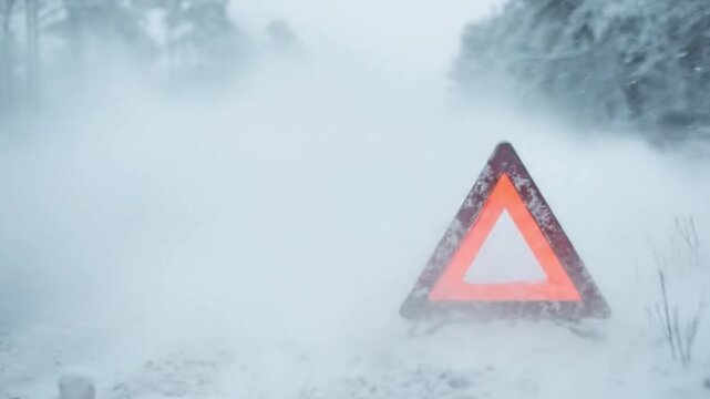 Emergency warning triangle on a snowy roadside with a car in the background, winter road safety and traffic breakdown concept.
