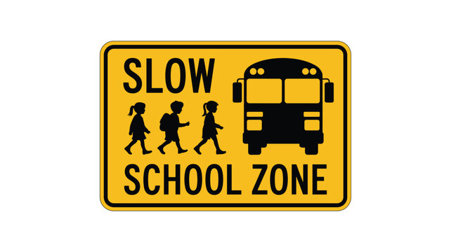 Yellow school zone sign with children and bus and slow text keywords