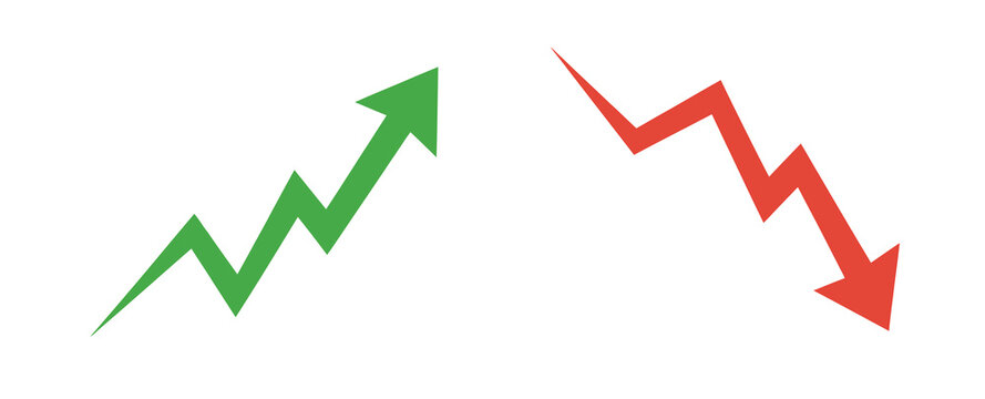 Green arrow up and red arrow down graph trends, symbolizing business growth and decline.