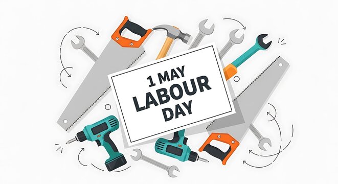 Labour Day 1 May celebration banner, construction hand tools and hardware equipment, industrial work concept with saws and wrenches