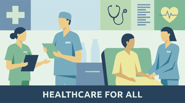 Universal Healthcare Access with Medical Staff and Patient Illustration