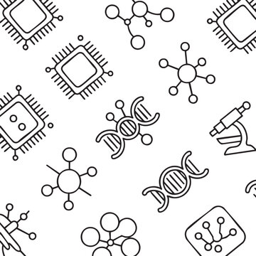 Black and white vector graphic illustration of various scientific and technological symbols including DNA, molecules, and microchips in a seamless pattern design