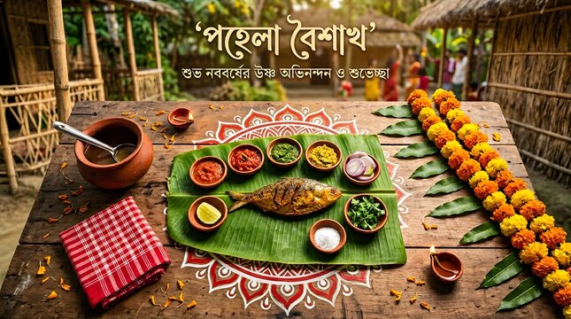 Traditional Bengali new year pohela boishakh meal with hilsa fish and rice.