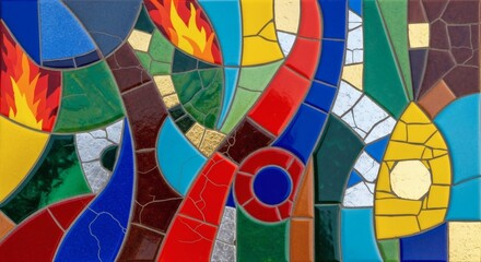 Fototapeta premium A vibrant mosaic artwork featuring colorful abstract shapes and patterns