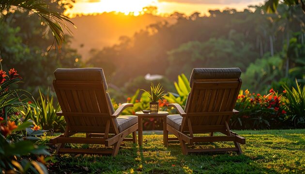 Two wooden lounge chairs face a sunset view, with a small table and a plant between them, surrounded by foliage