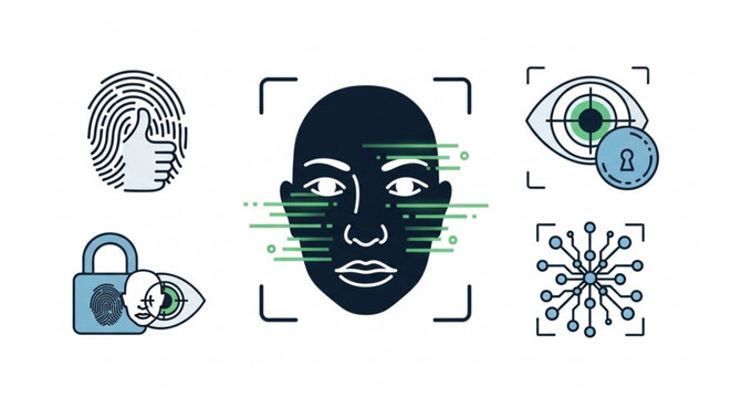 A vector graphic illustration of biometric security icons including facial recognition, fingerprint, and lock symbols.