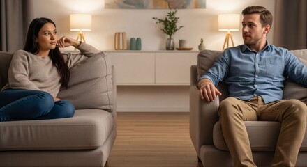 Fototapeta premium A couple sits in silence on separate couches in a modern living room with a tense atmosphere.