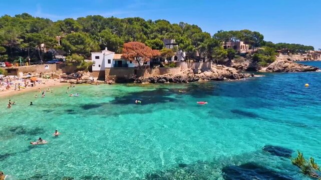 View of Cala Gat Beach in Mallorca. Cinematic Flight over Turquoise Crystal Water with People Swimming. White Villas on Cliffside and Green Pine Trees. Balearic Islands Spain.