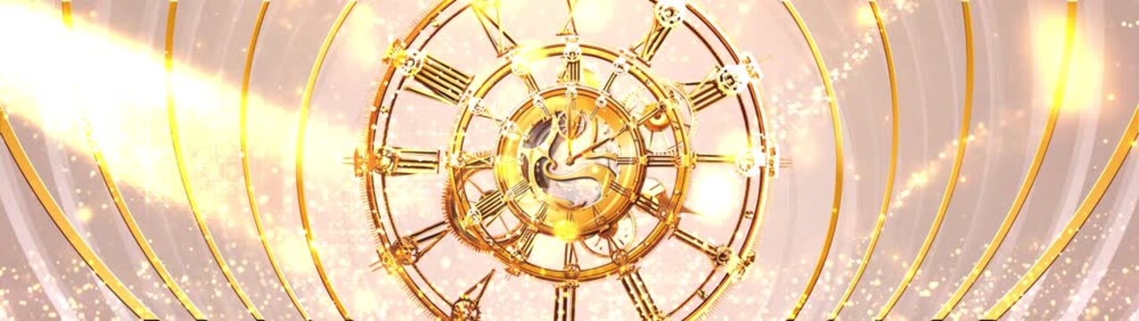 rand Golden Clockwork Mechanism with Rotating Rings and Sparkling Magic Particles