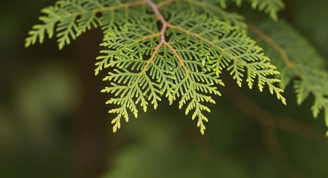 Close-up of delicate green cedar branches, feathery foliage with intricate detail, against a blurred natural background, evoking freshness and growth