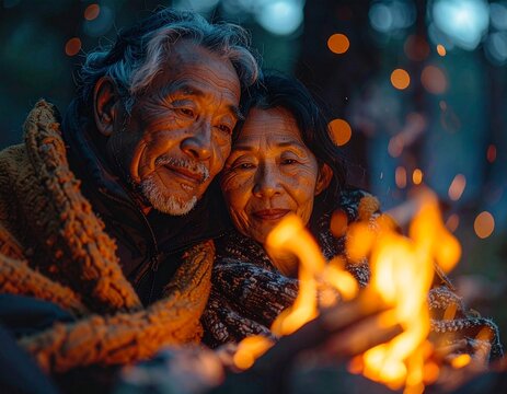 캠핑가서 캠프파이어하는 노부부