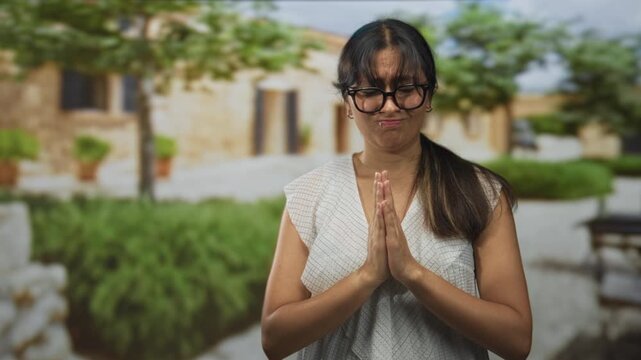 Woman with hands pressed together in prayer gesture at building courtyard, wearing glasses and white dress; pleading forgiveness.