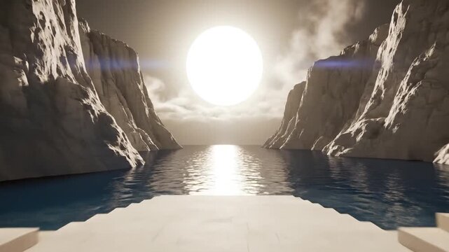 Sun rises over calm water between two rugged cliffs landscape