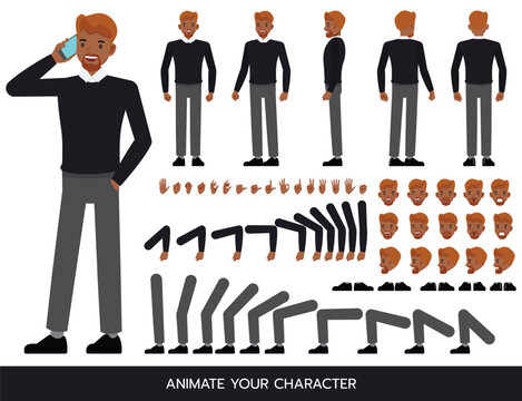Businessman wear dark blue shirt character constructor. Flat design vector kit with poses and emotions for animation and explainer videos.