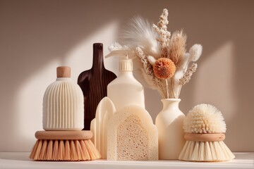 Obraz premium Elegant Bathroom Essentials: Brush, Bottle & Dry Floral