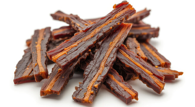 Stack of savory beef jerky strips isolated on a white background, for healthy protein, snack concepts
