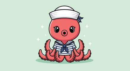 Adorable cartoon octopus dressed as a sailor with a white hat and striped shirt. © NFS Studio