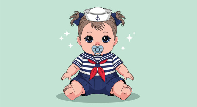Adorable baby girl in sailor outfit with pacifier.