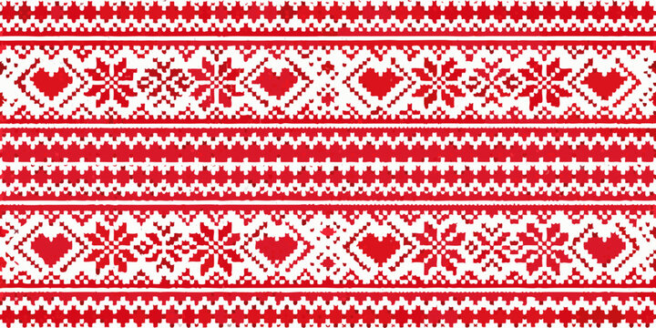Seamless red and white nordic pattern with geometric and heart shapes