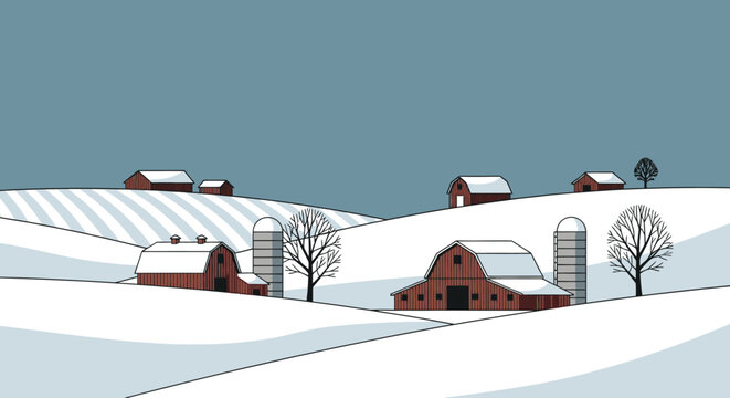 Winter farm scene red barns and snowy landscape under a blue sky