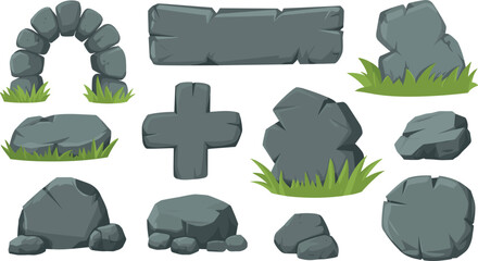 Cartoon stone rock elements set with grass accents including arch slabs and boulders for game environment design © Vector Design Hub