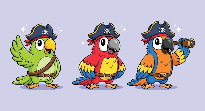 Three cartoon parrots dressed as pirates with hats and eye patches.