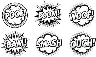 Comic book sound effect bubbles with halftone dots featuring Poof Boom Woof Bam Smash and Ouch onomatopoeia for retro pop art design © Bappi