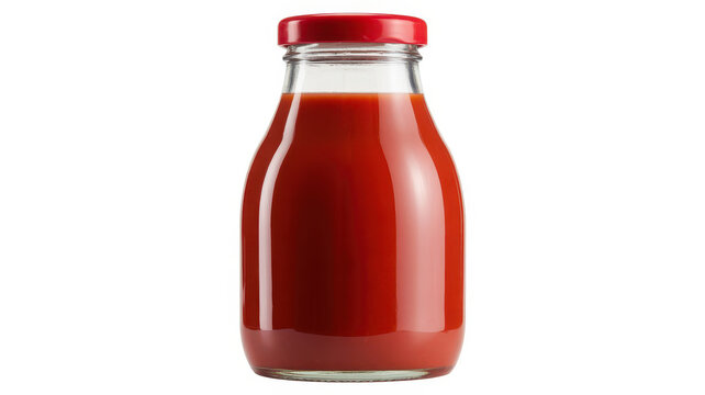 Glass bottle filled with red tomato sauce or ketchup with a red cap on a solid white background