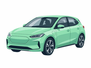 Obraz premium A modern, light green electric hatchback car is depicted in a clean, isolated illustration against a white background.
